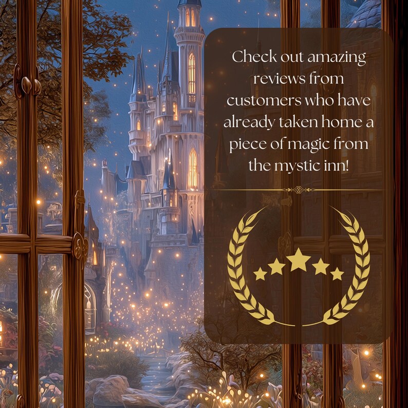 K&ouml;nnte beinhalten: Eine digitale Illustration eines Schlosses bei Nacht, durch ein Fenster betrachtet. Der Text lautet: "Entdecken Sie tolle Bewertungen von Kunden, die bereits ein St&uuml;ck Magie vom Mystic Inn mit nach Hause genommen haben!"