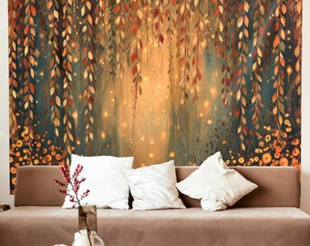 Enchanted Autumn Forest Tapestry Elven Fall Colors Willow Wall Hanging Green Gold Fairy Lights Magical Bedroom Decor