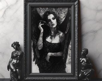 The Morrigan Monochrome Museum Quality Print Celtic Goddess Morrigan Print Raven Goddess Art Dark Gothic Mythology Art B&W Wall Decor