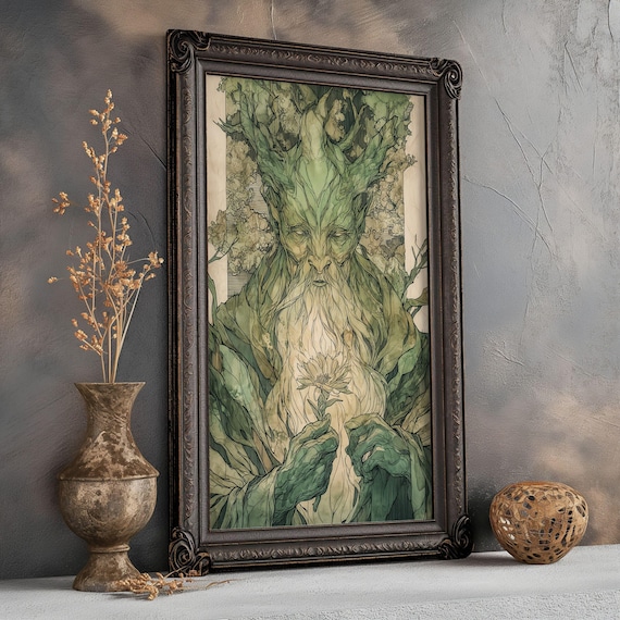 Ancient Tree Spirit Matte Print Druid Forest Guardian Wall Art Fantasy Nature Illustration Woodland Earth Elemental Print Green Man Decor