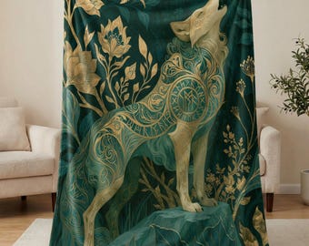 Enchanted Botanical Celestial Wolf Fleece Sherpa Throw Norse Wolf Mythology Art Fantasy Illustration Throw Blanket Fantasy Room Decor