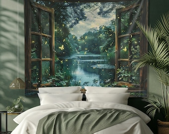 Enchanted Forest Window Tapestry Art Fantasy Forest Wall Art Enchanted Window Forest View Tapestry Wall Mystical Green Tapestry Nature Gift