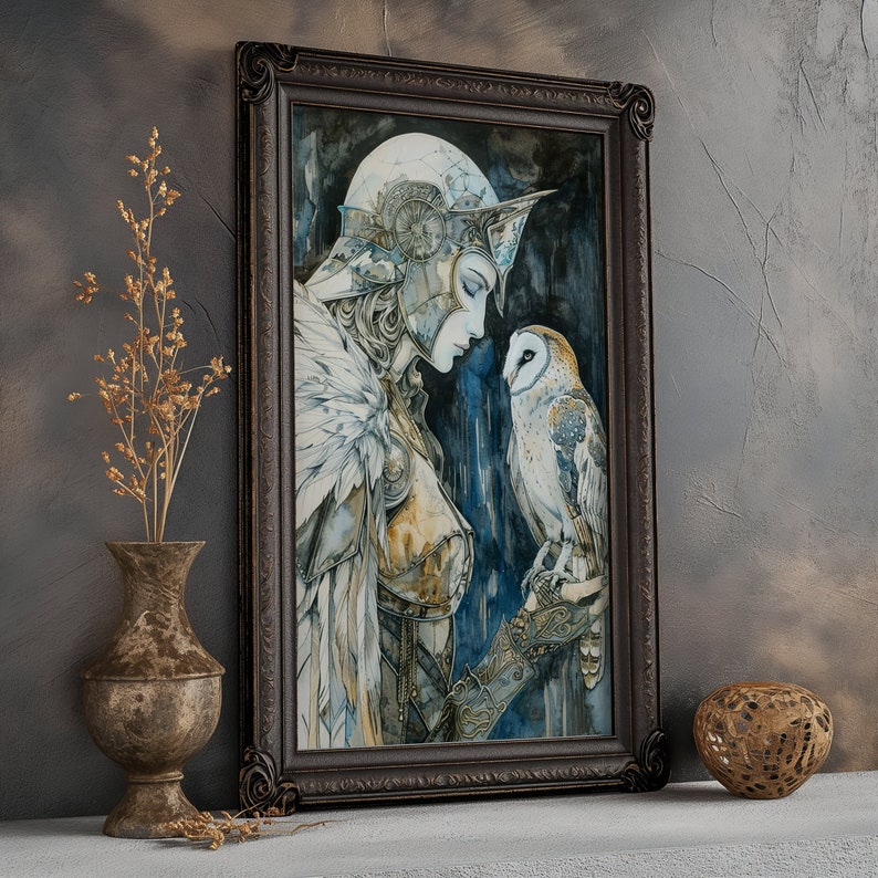 May include: A watercolor painting of a woman wearing a helmet and armor, with a white owl perched on her arm. The woman has long, flowing hair and is looking at the owl with a gentle expression. The background is a dark blue and purple.