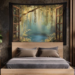 May include: A tapestry showing a tranquil forest scene through an open window. The artwork features a calm pond, lush greenery, and a weeping willow, with warm lighting. The tapestry is mounted above a bed with neutral-toned bedding.