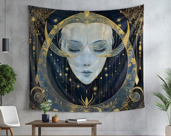 Celestial Goddess Tapestry - Divine Wall Art for Cosmic Decor - Moon, Stars, Spiritual Design - Heavenly Goddess, Spiritual Wall Hanging
