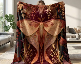 Fantasy Autumn Storybook Sherpa Blanket Cozy Fall Decor Celestial Luna Moth Fantasy Throw Mystical Magical Woodland Decor