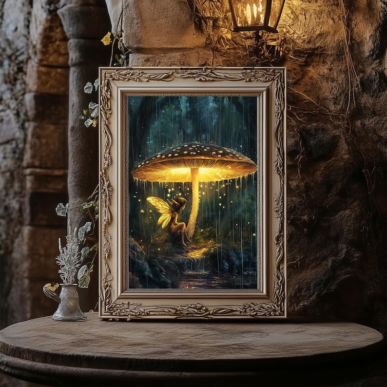 Puede incluir: Una pintura enmarcada de un hada sentada bajo un hongo brillante en un bosque. El hongo est&aacute; iluminado desde adentro, proyectando un brillo c&aacute;lido sobre el hada y el bosque circundante.