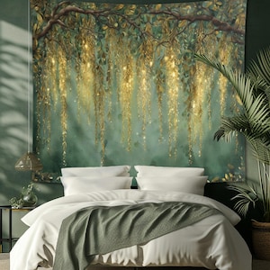 Fantasie Elven Wilg Wandtapijt Betoverd Bos Muur Opknoping Teal Groen Goud Magisch Slaapkamer Decor Kerstverlichting Bos Boho Esthetiek