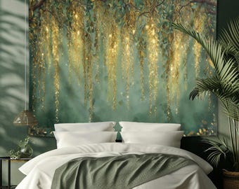 Fantasy Elven Willow Tapestry Enchanted Forest Wall Hanging Teal Green Gold Magical Bedroom Decor Fairy Lights Woodland Boho Aesthetic