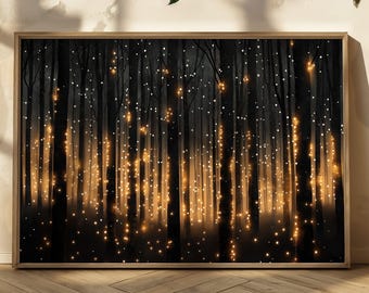 Impresión mate de bosque encantado con luz de hadas Arte de bosque mágico iluminado Decoración de pared de fantasía Decoración de habitación de fantasía Arte de pared central de cabaña oscura