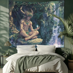 Cernunnos Keltische mythologie wandtapijt: sprookjesachtig fantasie Esthetisch, waterbestendig, natuurliefhebbers Grote muurdecoratie wandtapijt