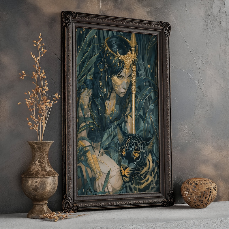 May include: A framed illustration of a woman with a gold crown and a jaguar. The woman is wearing a dark green dress and has long black hair. The jaguar is looking at the viewer with its mouth closed. The background is a dark green forest.