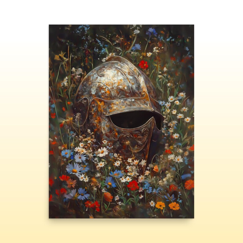Lost Knight's Helm Floral Matte Print Floral Knight Fantasy Print Dark Cottage Core Wall Decor Fantasy Wildflower Wall Decor Fantasy