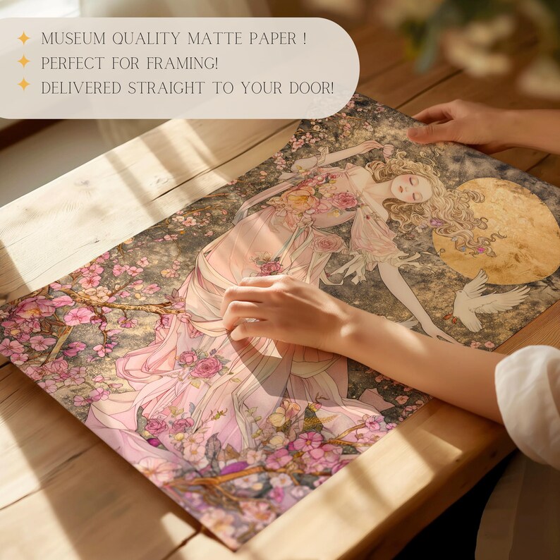 May include: A delicate illustration of a woman in a flowing pink dress with floral details, surrounded by a blooming cherry blossom tree. The artwork is printed on museum quality matte paper.