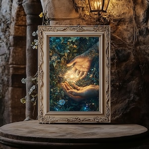 May include: A framed artwork depicting two hands reaching towards each other, surrounded by glowing light and a lush green background. The hands are partially obscured by foliage, creating a sense of mystery and wonder.