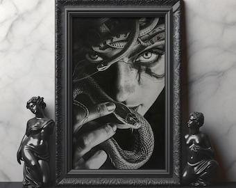 La mirada de Medusa, impresión mate de Medusa la Gorgona, decoración de pared de Medusa en la mitología griega, retrato de Medusa en blanco y negro, arte gótico oscuro