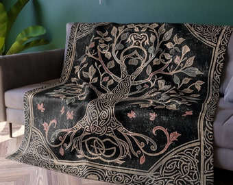 Norse Style Throw Blanket, Tree of Life Blanket, Tree of Yggdrasil Velveteen Plush Blanket, Crushed Velvet Blanket, Viking Blanket 50x60in