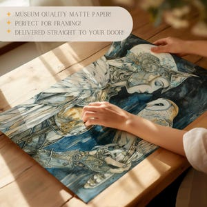 May include: A watercolor painting of a woman with wings and a helmet, holding a white owl. The woman is wearing a silver and gold armor. The painting is on a blue and white background.