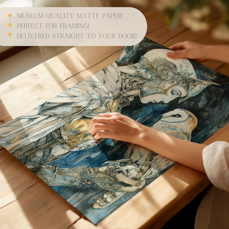 May include: A watercolor painting of a woman with wings and a helmet, holding a white owl. The woman is wearing a silver and gold armor. The painting is on a blue and white background.