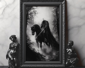 Sleepy Hollow The Headless Horseman Print Dark Gothic Monochrome Art Sleepy Hollow Halloween Art Dark Horseman Art Spooky Wall Art