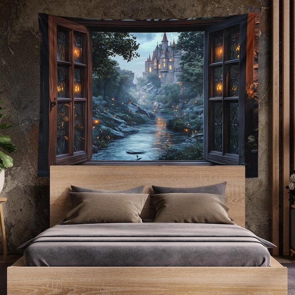 Enchanted Castle Window Tapestry Art Fantasy Castle Wall Art Enchanted Window Castle Fairytale Tapestry Fairytale Tapestry Gift