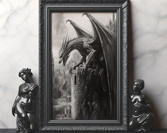 Pode incluir: Uma ilustração em preto e branco de um dragão empoleirado em uma torre com vista para uma cidade. O dragão tem asas grandes e uma cauda longa. A cidade está no fundo e é composta por muitos edifícios.