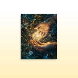 May include: Two hands cupped together in a forest setting, with glowing light and sparkles emanating from the center.
