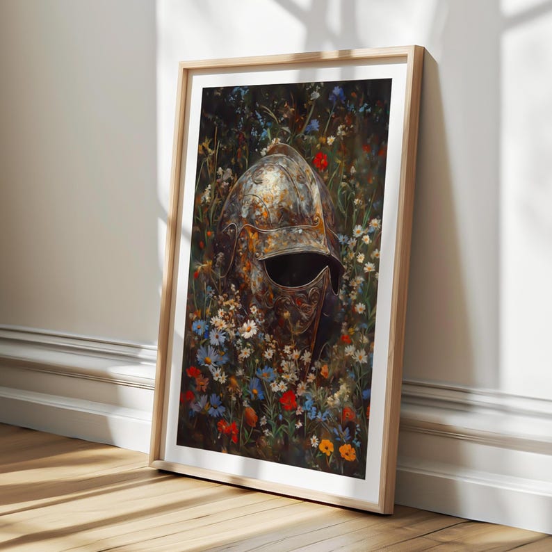 May include: A weathered metal helmet rests in a bed of colorful wildflowers. The helmet is covered in rust and has a visor that is partially closed. The flowers are a mix of red, yellow, blue, and white.
