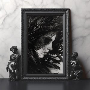 The Morrigan Portrait Monochrome Museum Quality Print Celtic Goddess Morrigan Print Raven Goddess Art Dark Mythology Art B&W Wall Decor