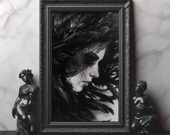 The Morrigan Portrait Monochrome Museum Quality Print Celtic Goddess Morrigan Print Raven Goddess Art Dark Mythology Art B&W Wall Decor