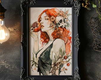 Persephone Goddess of the Underworld Matte Print Persephone With Pomegranate Greek Goddess Wall Decor For Dark Goddess Flowers and Skulls