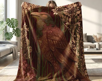 Fantasy Autumn Storybook Sherpa Blanket Cozy Fall Decor Royal Raven in Ornate Garden Fantasy Throw Blanket
