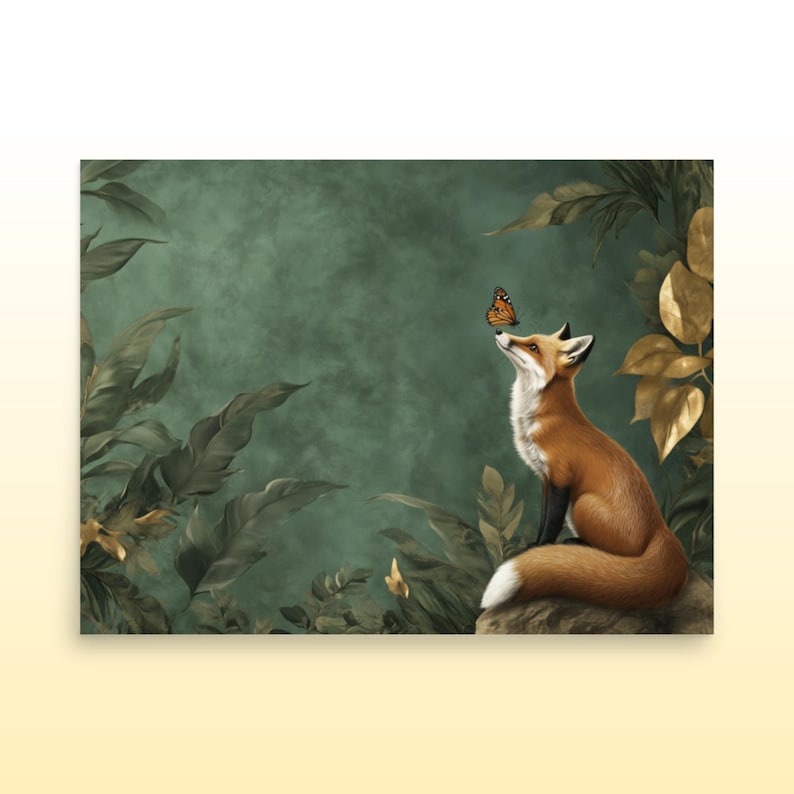 Whimsical Fox and Butterfly Fantasy Matte Print Green and Gold Botanical Fox Art Print Cute Fox and Butterfly Wall Art Fox Lover Art Print