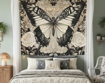Large Black and White Butterfly Tapestry Vintage Wall Hanging Beige Floral Gothic Aesthetic Boho Bedroom Decor Botanical Nature Art