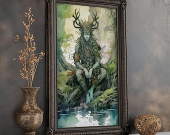 Cernunnos Green Man Matte Poster Cernunnos art, Cernunnos art print, Celtic God of Nature Water Color and Ink Green Man Horned God, Unframed