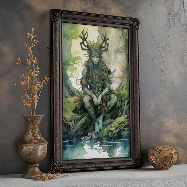 Cernunnos Green Man Matte Poster Cernunnos art, Cernunnos art print, Celtic God of Nature Water Color and Ink Green Man Horned God, Unframed