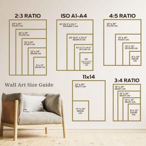 May include: A wall art size guide with different aspect ratios and measurements in inches and centimeters. The guide includes 2:3, 4:5, 3:4, 11x14, and ISO A1-A4 ratios. The guide is displayed on a wall with a light brown chair in front of it.