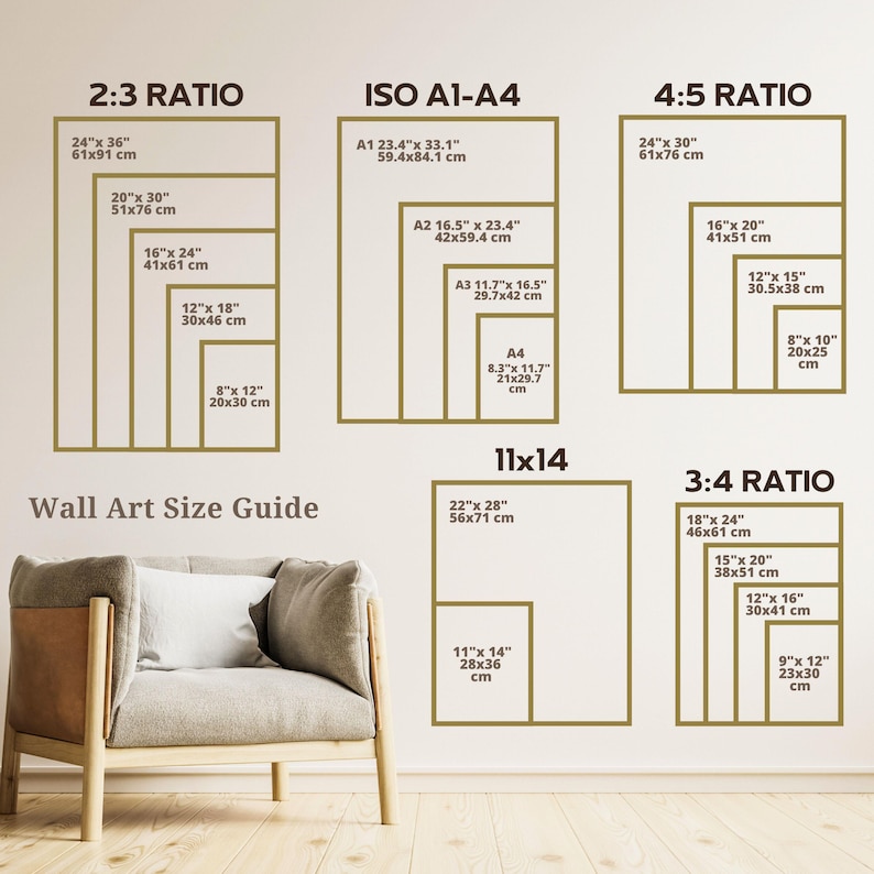 May include: A wall art size guide with different aspect ratios and measurements in inches and centimeters. The guide includes 2:3, 4:5, 3:4, 11x14, and ISO A1-A4 ratios. The guide is displayed on a wall with a light brown chair in front of it.