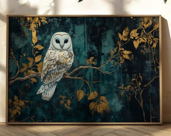 The Owl of Athena Museum Quality Matte Print Fantasy Owl Wall Art Green and Gold Botanical Owl Art Print Fantasy Owl Room Decor Owl Wall Art