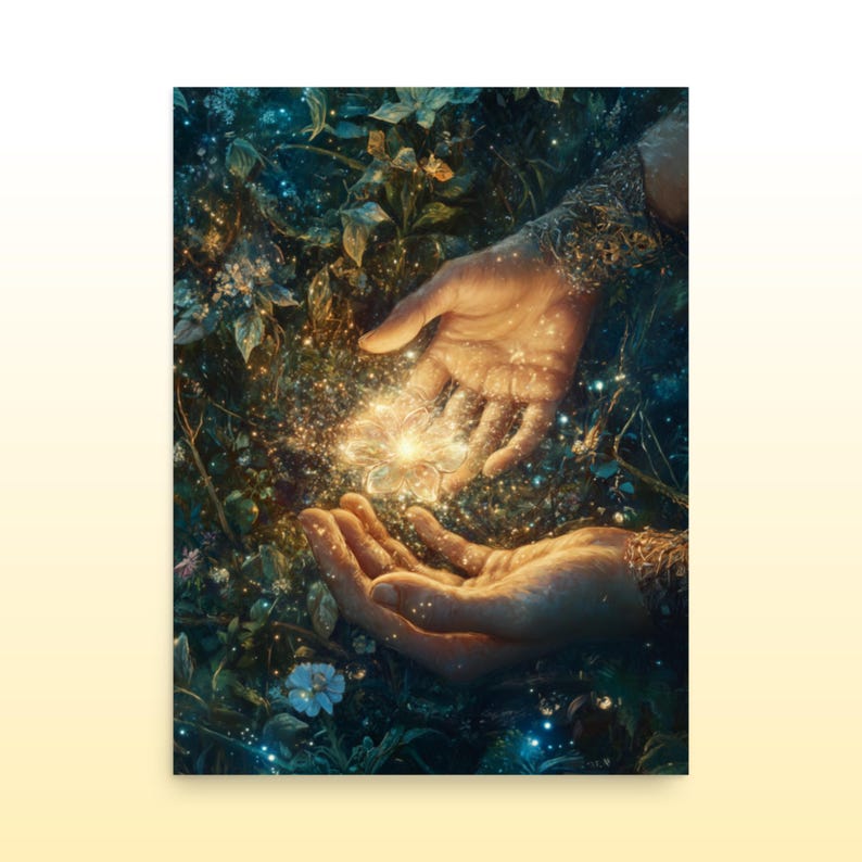 May include: Two hands cupped together over a glowing flower in a lush green forest setting. The flower is surrounded by sparkling light and the hands are adorned with intricate bracelets.