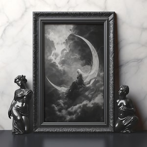 Selene Goddess Moon Art Black and White Mythology Print Lunar Deity Poster Celestial Woman on Crescent Matte Print Dark Moon Decor