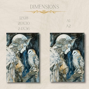 May include: A watercolor painting of a woman in armor with a white owl perched on her arm. The woman has long, flowing hair and is wearing a silver helmet with a blue and gold design. The owl is looking at the woman with its large, yellow eyes. The background is a dark blue and gray.