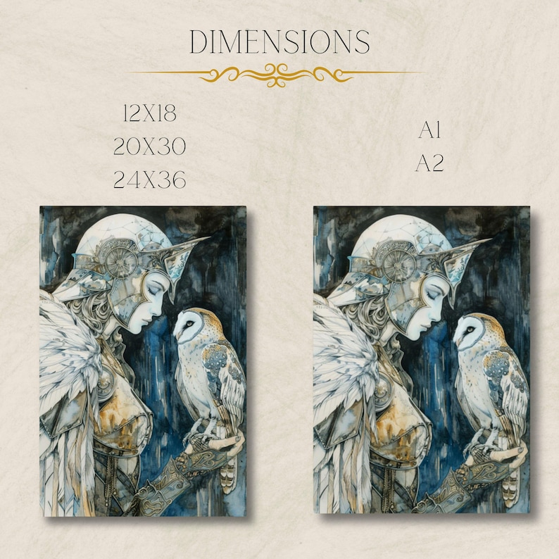 May include: A watercolor painting of a woman in armor with a white owl perched on her arm. The woman has long, flowing hair and is wearing a silver helmet with a blue and gold design. The owl is looking at the woman with its large, yellow eyes. The background is a dark blue and gray.