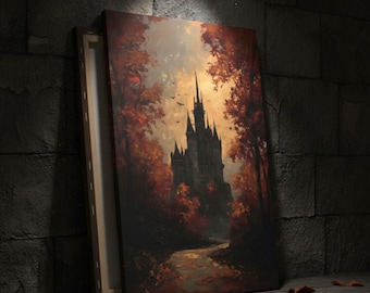 Dracula Castle Canvas Wall Art Gothic Fantasy Castle Autumn Forest Dark Fairytale Landscape Haunted Kingdom Painting Style Home Decor