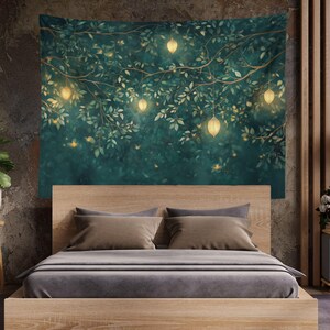 May include: A teal tapestry with a tree branch with hanging paper lanterns. The lanterns are a light gold color and the background is a dark teal with a subtle sparkle effect.