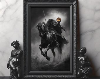 Sleepy Hollow The Headless Horseman Print Dark Gothic Monochrome Art Sleepy Hollow Halloween Art Dark Horseman Art Spooky Moody Wall Art