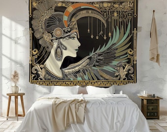 Divine Feminine Egyptian Goddess Tapestry Art Fantasy Wall Art Egyptian Deity Tapestry Gold Wall Decor Egyptian Style Art Goddess Tapestry