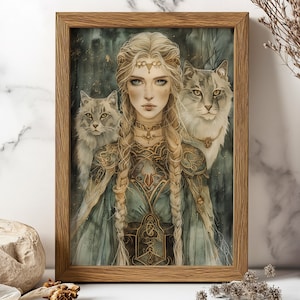 Freya, Norse Queen of the Valkyries Poster Wall Decor Japanese Water Color and Ink Art Nordic Mythological Wall Decor Freya with Cats