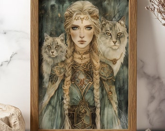 Freya, nordische Königin der Walküren Poster Wanddekoration Japanisches Aquarell und Tinte Kunst Nordische Mythologische Wanddekoration Freya mit Katzen