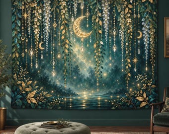 Celestial Moon Willow Garden Tapestry, Gold Crescent Moon Wall Hanging, Dark Green Botanical Fantasy Decor